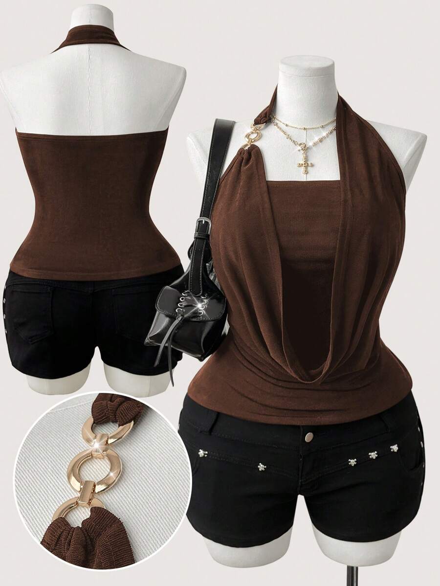 Sweetra 大码女式露背高弹力优雅度假、约会、派对衬衫 - 咖啡棕 - 查看 1