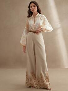 Anewsta French Vintage Royal Style Printed Stand Collar Long Sleeve Women Shirt - Yellow - View 7