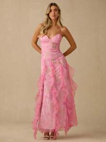 Enchnt 春夏浪漫女士淡粉色玫瑰印花细肩带欧根纱开衩连衣裙，甜美优雅，适合度假、约会、节日、派对、毕业典礼、婚礼嘉宾和海滩，舞会礼服，女士夏季连衣裙，女士太阳裙，夏季服装，优雅的派对连衣裙