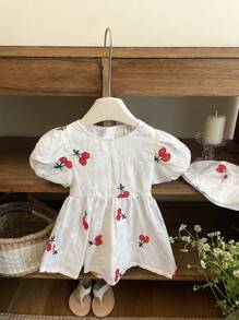 Baby Girls 0-3 Years Old Spring/Summer Cute Playful Daily Outing Cherry Embroidery Puff Sleeve Dress + Hat - White - View 10