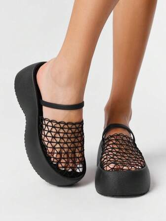 Goth Sandalias de tacón de cuña huecas, estilo gótico punk, con respaldo de malla para mujer, sandalias deslizantes de verano