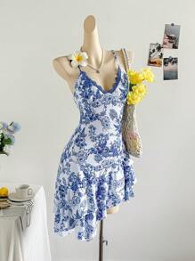 Soleia 女式度假不对称下摆无袖蓝色印花雪纺连衣裙