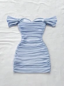 Soleia 女士度假针织网眼露肩紧身连衣裙 - 淺藍色 - 查看 2