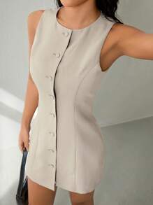 SHEIN PETITE 女士纯色简约无袖纽扣圆领单排扣无袖迷你连衣裙，女士夏季连衣裙，茶会连衣裙 - 卡其色 - 查看 7
