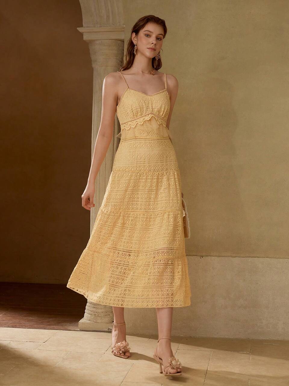 CONTRAST LACE RUFFLE HEM CAMI DRESS
