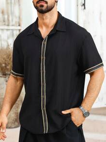 Manfinity RSRT Men's Minimalist Webbed Button Short Sleeve Shirt, Summer - Black - View 4
