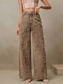 SHEIN X Jwoww Anewsta 女士棕色高腰串珠直筒宽松阔腿裤，时尚百搭，适合春夏、情人节、派对、节日、优雅场合、假日和度假穿着。 - 棕色 - 查看 5