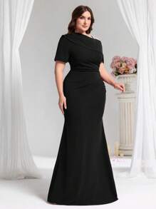 Coutiva Plus Size Asymmetrical Beaded Embellished Formal Evening Gown, Party Dress, For Wedding Guest