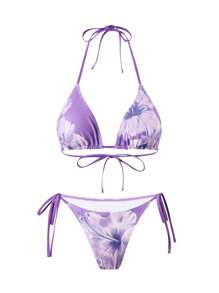 Swim Oasis 3pcs/Set Women Summer Beach Vacation Outfits, Floral Print Bikini Set And Mesh Tie-Front Beachwear Dress, Bohemian Holiday Style - Purple - View 3