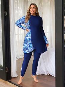 Swim Mulvari Plus Size Women's 2pcs Modest Mid-Eastern Style Color Block Long Top And Pants, Casual Beach/Resort Swimwear For Summer Beach Vacation - Blue - View 6