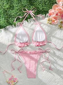 Swim Mod Women's Summer Beach Jacquard Fabric Sweet Cute Halter Tie Pink Bikini Swimsuit Set