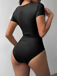 SHEIN BASICS Casual Solid Color Knit V-Neck Short Sleeve Bodysuit For Women/Summer - Black - View 2