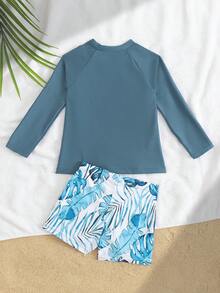 Young Boy2pcs Swimwear Set With Printed Top And Random Print Shorts, Charcoal Blue Color