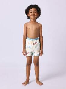 SUMWON 复古夏季海滩印花泳裤儿童泳池短裤夏威夷风格棕榈树冲浪板海浪图案弹性腰带抽绳开合