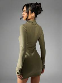 MISSGUIDED High Neck Turtleneck Long Sleeve Ribbed Bodycon Mini Dress Winter Fall Nightout Party Stretchy Form Fitting Basic Fashion Essentials - Army Green - View 2