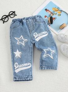 SHEIN Baby Boy Summer Casual Soft Cute Blue Denim Tapered Jeans With Alphabet And Stars Pattern, For Baby Spring/Summer Indoor/Outdoor Wear And Daily Wear - Medium Wash - View 4