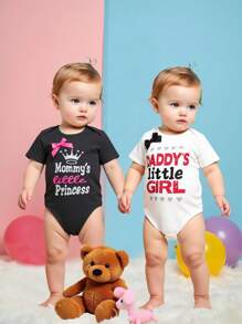 Baby Girls 2pcs/Set Black Knit Bodysuit, Front Print Design For Casual Or Party Occasions - Black and White - View 3