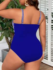 SHEIN Swim Curve 大码女式罗纹连体泳衣，带钢圈，交叉胸围收褶，褶皱常规裤腿，简约海滩风格 - 彩色 - 查看 2
