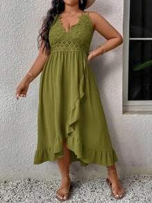SHEIN VCAY Plus Size Contrast Lace Ruffle Hem Cami Dress, Vacation Casual - Army Green - View 5