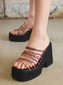 Sugerpunk Women's Fashion Versatile Increase Height Square Toe High 10cm Wedge Heel Roman Style Colorful Platform Thick Sole Sandals - Multicolor - View 5