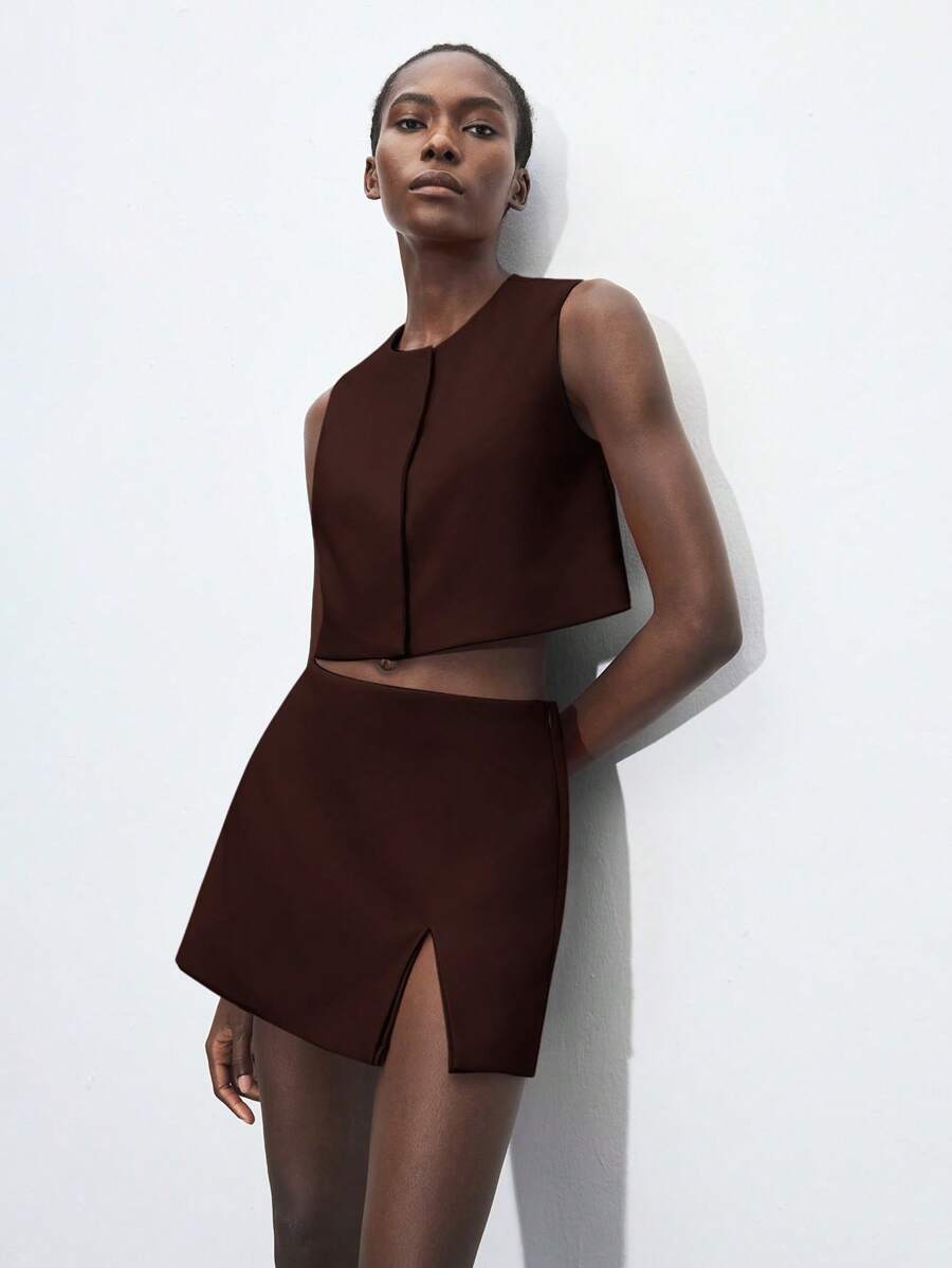 Maija 棕色圆领宽松无袖上衣和中腰西装裤裙两件套，适合女士，现代都市风格，优雅商务休闲 - 棕色 - 查看 1