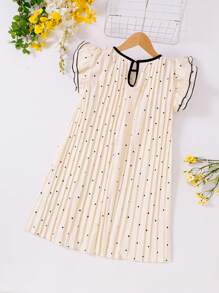 SHEIN Elladie kids Young Girls Cute Contrast Trim Cap Sleeve Polka Dot Print Pleated Dress - Multicolor - View 2