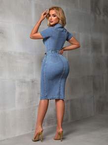 SHEIN SXY 女式短袖单排扣修身休闲牛仔连衣裙 - 藍色 - 查看 7