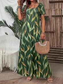 EMERY ROSE Plus Size Women's Autumn Emerald Green Floral Print Short Sleeve Square Neck Maxi Dresses Summer Spring Fall Beach Vacation Boho Safari Bohemian - Green - View 6