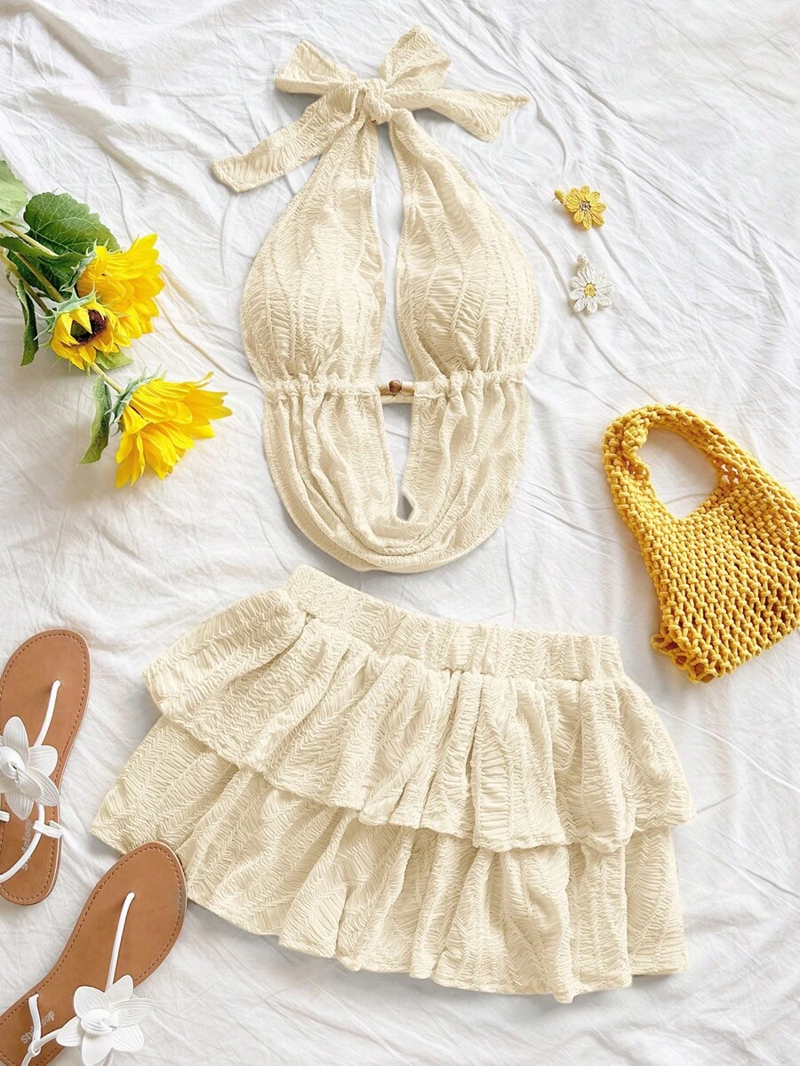 Soleia 春夏假日 V 领镂空露背系带吊带背心和分层迷你裙针织纹理 2 件套，适合节日、约会、下午茶、度假、音乐节、波西米亚风格 - 杏色 - 查看 1