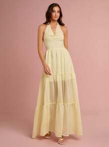 Enchnt Váy maxi công chúa hở lưng màu vàng pastel lãng mạn mùa xuân/hè dành cho nữ, ngọt ngào, thanh lịch và gợi cảm cho kỳ nghỉ, ngày lễ, tiệc tùng, lễ tốt nghiệp và khách dự tiệc cưới, bãi biển, váy dạ hội, váy mùa hè cho nữ, váy chống nắng cho nữ, quần áo mùa hè, váy thanh lịch cho tiệc tùng - Màu vàng - Xem 7