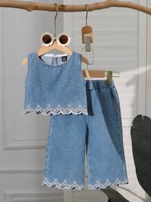 SHEIN Vintaside Kids Little Girl Clothes Sets Baby Girl Fashion Hem Embroidery Sleeveless Top And Long Pants 2-Piece Set - Blue - View 3