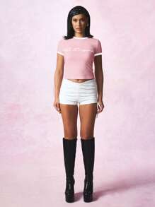 SUMWON WOMEN The Original Logo Cropped Ringer T-Shirt Retro 90s Style Summer Festival Top Baby Tee Y2K Fashion Fitted Basic Tee Essential Streetwear Casual - Baby Pink - View 6