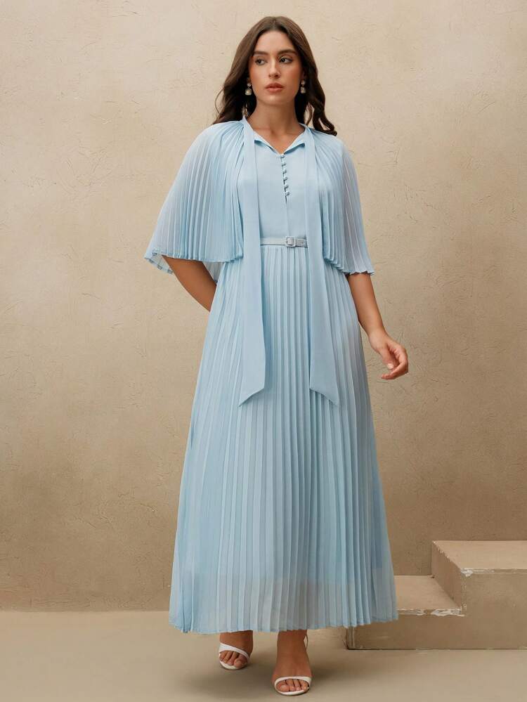 Plus Size Women Blue Wrap Front Pleated Casual Elegant Flowy Dress, Suitable For Spring, Festival