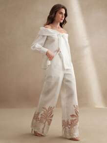 Anewsta 1件露肩长袖上衣和植物印花长裤套装 - 米色 - 查看 3