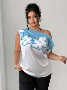 Elenzga Plus Size Women Floral Print Keyhole Shoulder Blouse For Summer - Blue and White - View 3