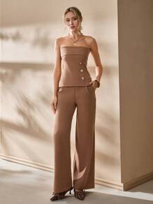 CLARA VERO Women's Solid Gold Button Detailed Suit Set - Mocha Brown - View 3