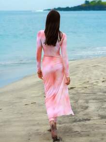 Swim Shayni Women's 3pcs Set Bathing Suit With Tie-Dye Printed Long Sleeve Zipper Rash Guard, Triangle Top And Skirt Tankini Swimsuit, Beach Outfit For Summer - Coral Orange - View 2