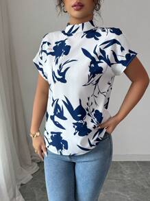 Elenzga Women's Fashion All-Over Print Half-High Collar Short Sleeve Blouse