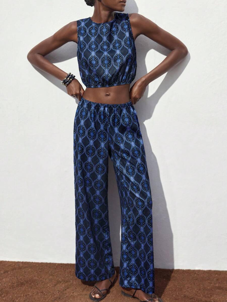 Maija Women 2pcs Set - Round Neck Elastic Hem Blousy Sleeveless Crop Top And Elastic Waist Wide Leg Pants, Casual Chic, Beach Vacation Style, Office Outfit Women Summer Clothing Women 2 Pieces Outfits Hawaii Outfits Women Christmas Clothes Boho Women Clothing - Blue - View 1