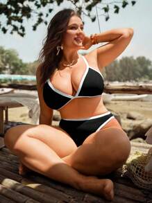 Swim Mod 大码女式两件套海滩度假拼色吊带背心3三角罩杯性感分体比基尼泳装套装，休闲 - 彩色 - 查看 1