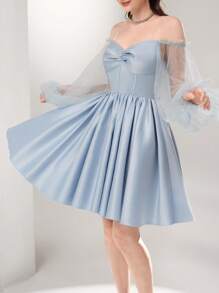 Modelyn 女士纯色网眼拼接单肩夏季舞会礼服（装饰款式） - 淺藍色 - 查看 1