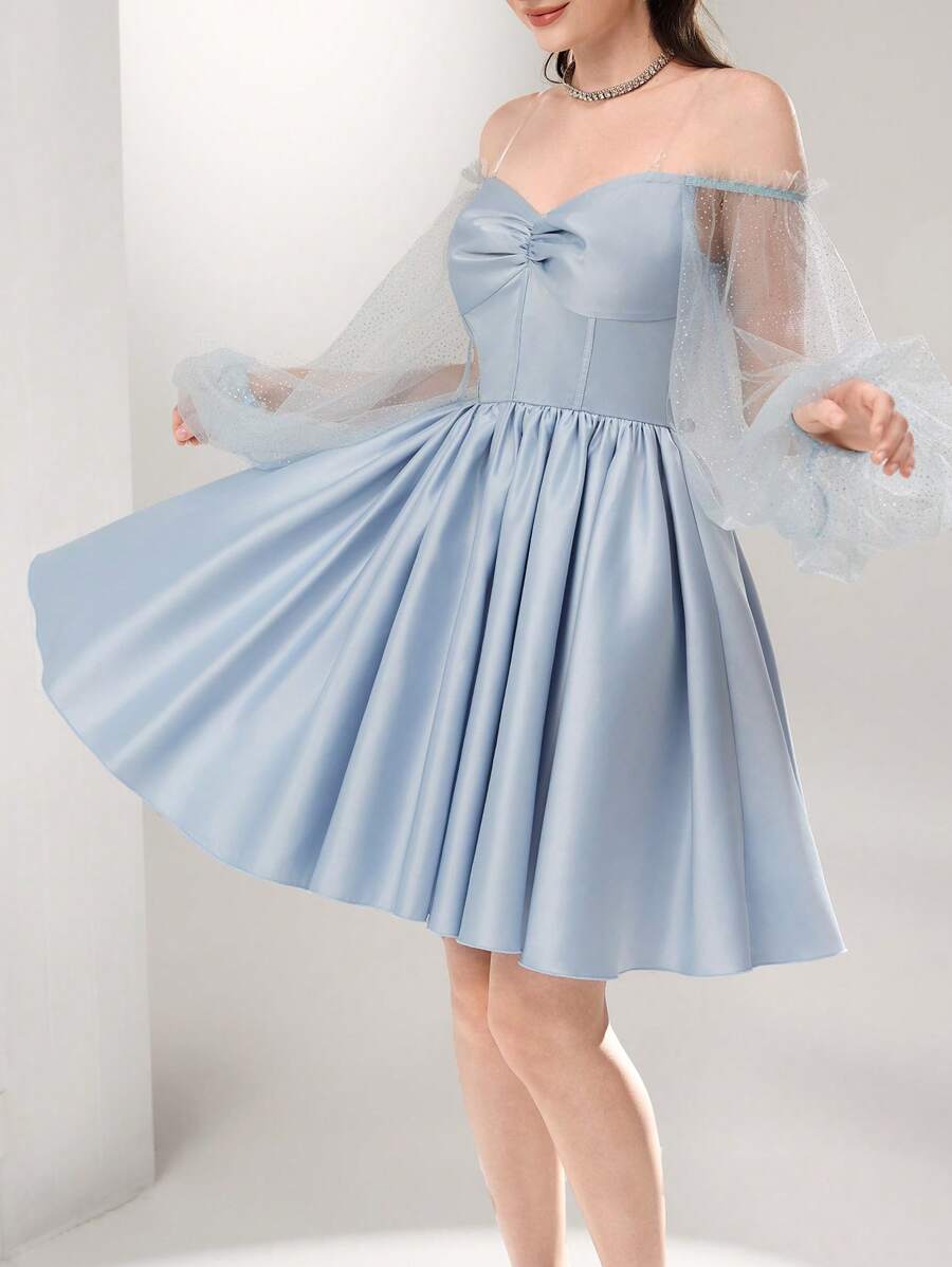 Modelyn 女士纯色网眼拼接单肩夏季舞会礼服（装饰款式） - 淺藍色 - 查看 1