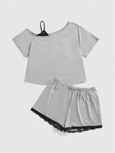 Conjunto de ropa de estar en casa de talla grande para mujer con parches de encaje asimétricos en los hombros, cómodo y casual, ideal para el verano