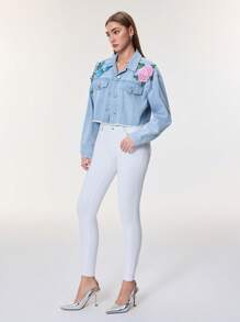 SHEIN Frenchy Chaqueta corta de jean con aplicaciones de bordados y lentejuelas para mujer - Azul - Ver 4