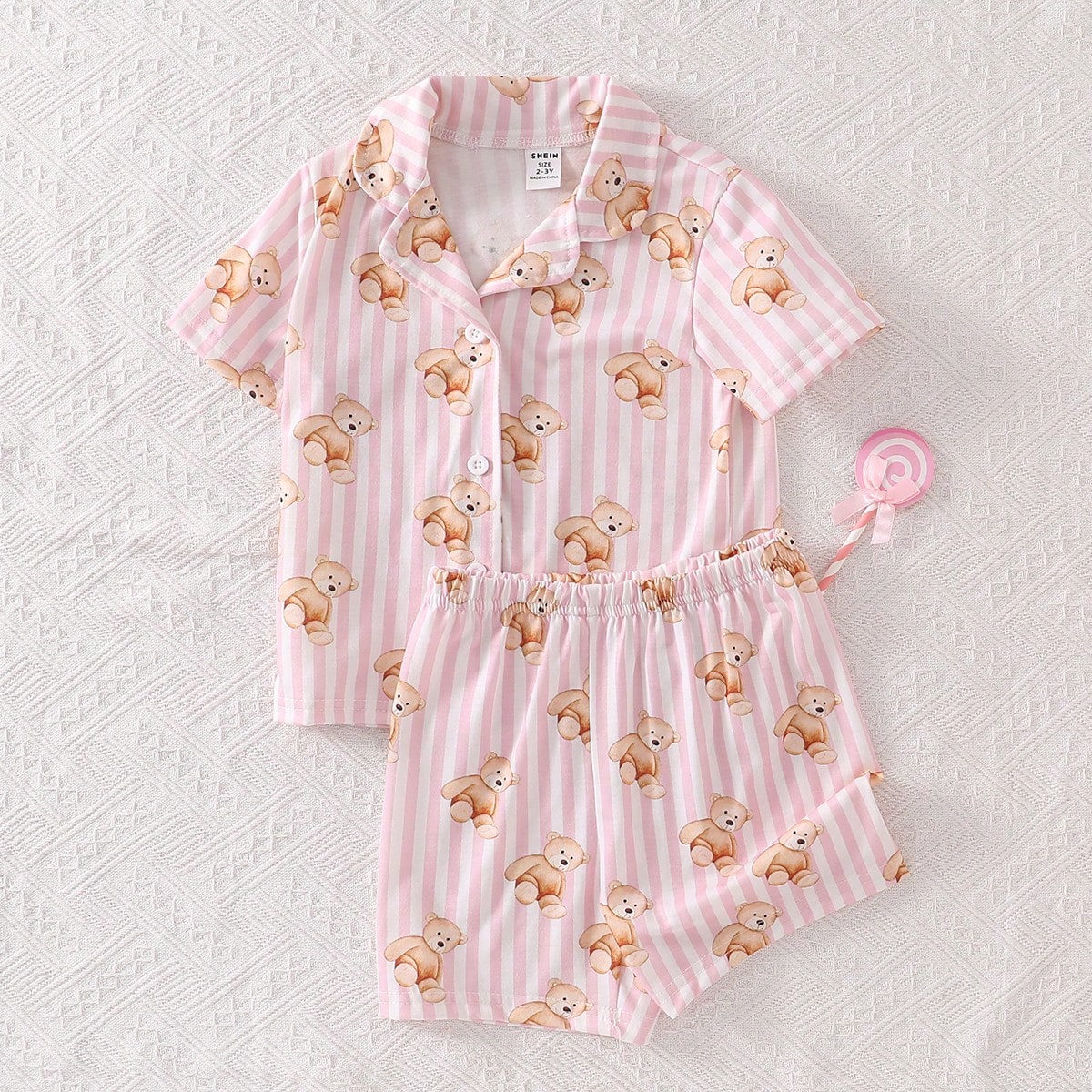 2pcs/Set Baby Girls' Cute Striped Teddy Bear Print Short Sleeve Cardigan Shirt And Shorts Comfy Casual Wear