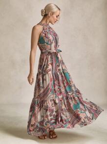 SHEIN LUNE 佩斯利印花腰帶掛脖連衣裙