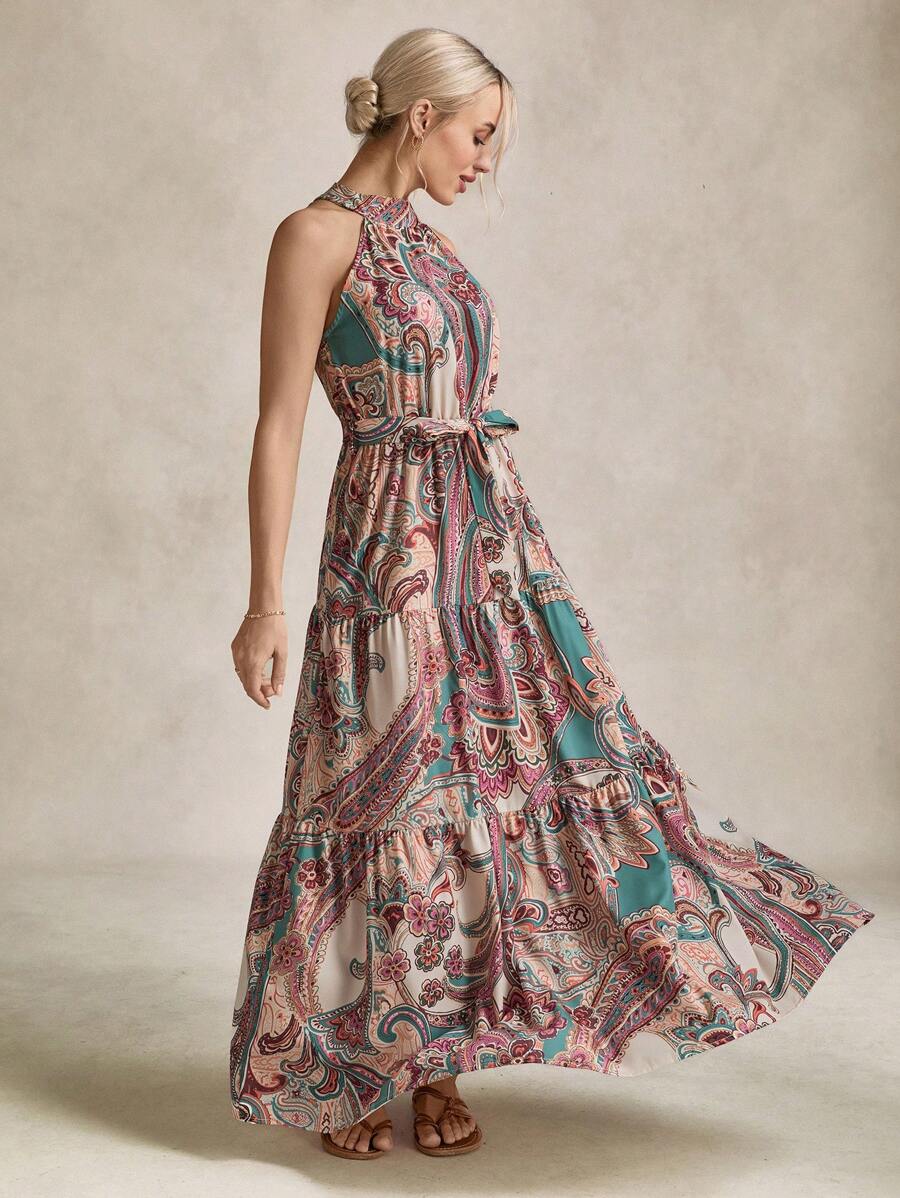 SHEIN LUNE 佩斯利印花腰帶掛脖連衣裙