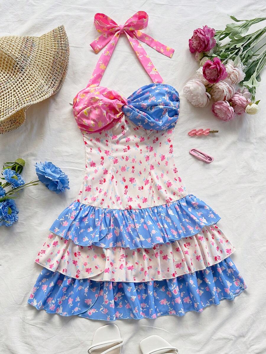 Soleia Women's Summer Vacation Colorful Ditsy Floral Ruffled Halter Tie-Back Bowknot Mini Dress With Layered Ruffle Hem, Suitable For Underdress Or Outerwear Women Short Dresses Summer Summer Birthday Dress