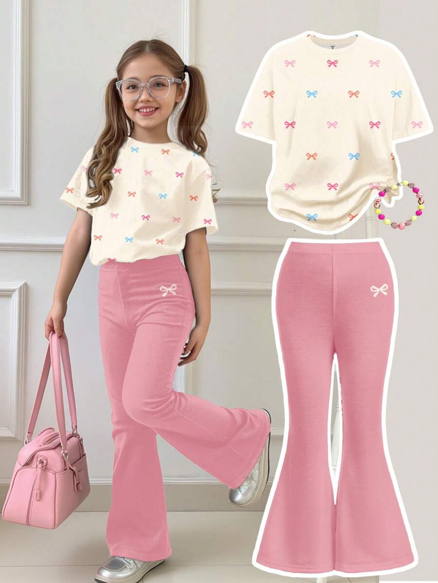 SHEIN Leap Crew 2 件套可爱迷你彩色蝴蝶结装饰,青少年女孩休闲简约短袖圆领 T 恤和喇叭裤夏季服装 - 彩色 - 查看 1