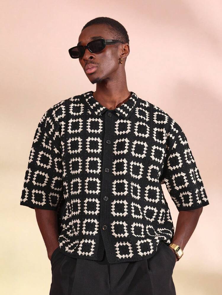Men Oversized Crochet Knit Button Down Cardigan